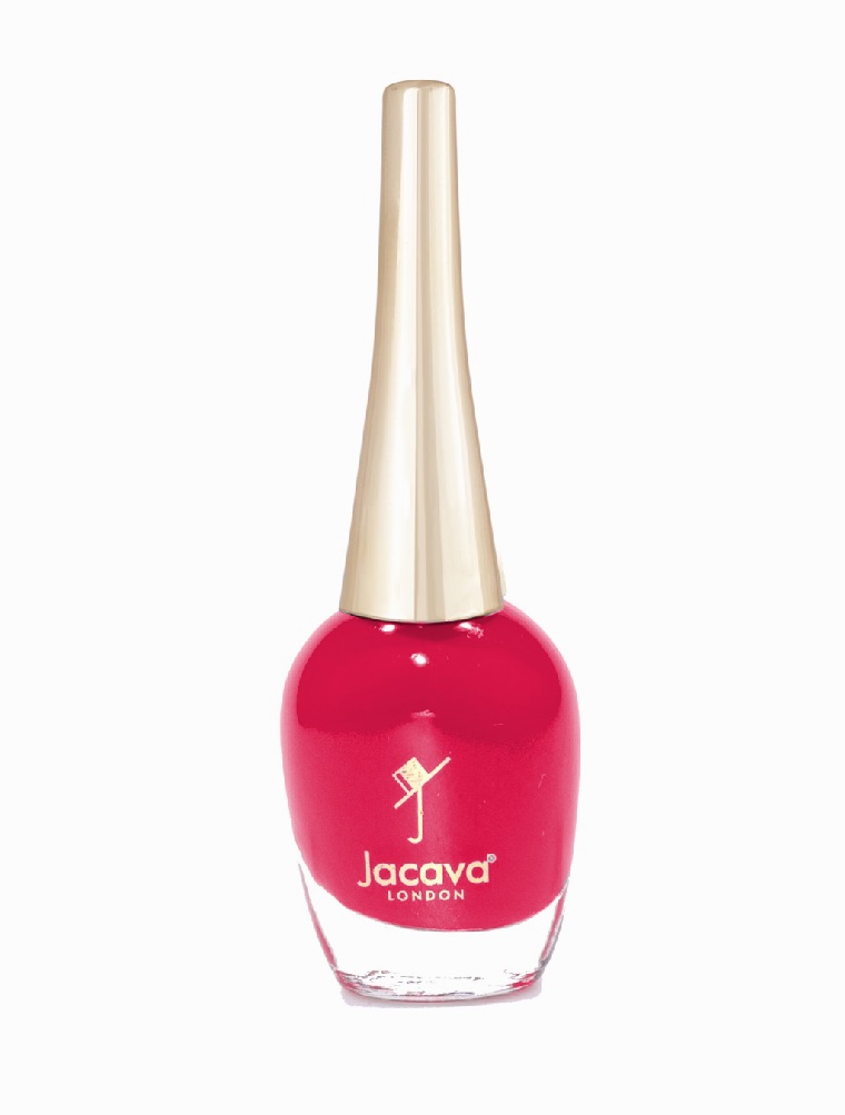 Definitely Red nail polish by JACAVA London, in a glass bottle with a gold cap.