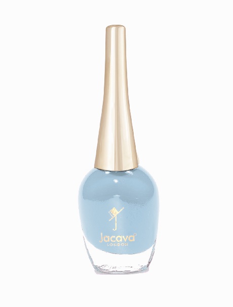Half Moon Street nail polish by JACAVA London, a blue shade, in a glass bottle with a gold cap.