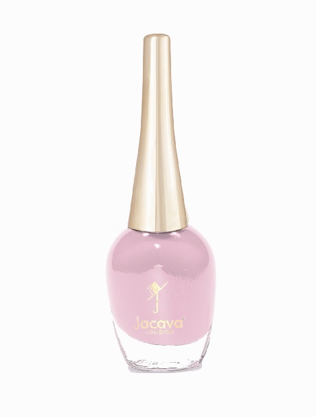 Pink Whisper nail polish by JACAVA London, a pink shade, in a glass bottle with a gold cap.