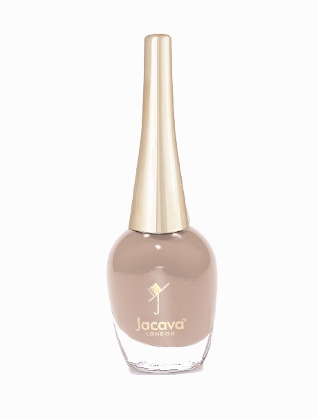 Nude Linen nail polish by JACAVA London, a nude shade, in a glass bottle with a gold cap.