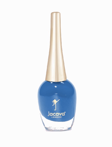 Alpha Place nail polish by JACAVA London, a blue shade, in a glass bottle with a gold cap.