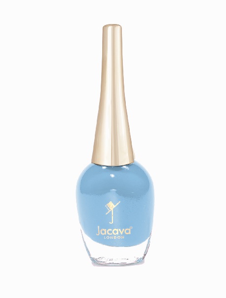 Pembroke Court nail polish by JACAVA London, a blue shade, in a glass bottle with a gold cap.